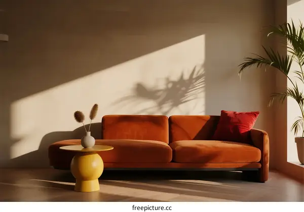 Cozy living room with orange sofa and natural light