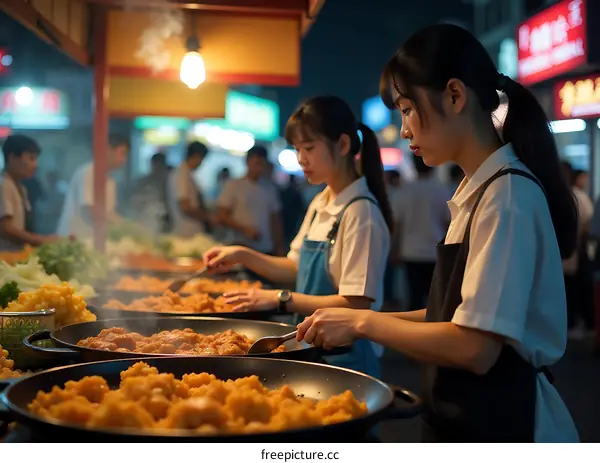 Asian Women Selling Street Food at Night Market