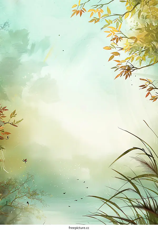 Watercolor Painting of Grass and Trees with Birds