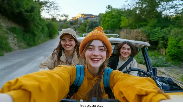 Three Caucasian Women Enjoying a Scenic Road Trip