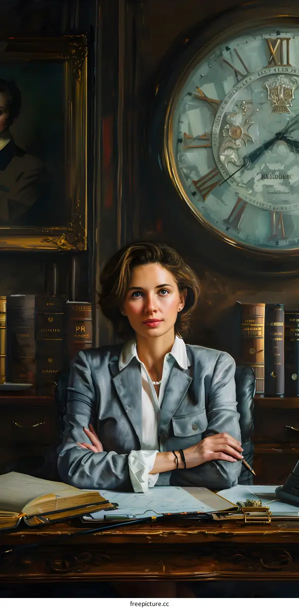 Portrait of a woman in a suit in front of a clock