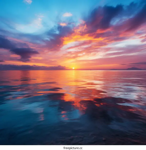 colorful cloudscape over calm sea at sunset