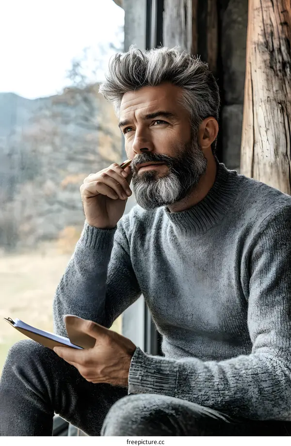 Thoughtful Mature Man with Grey Hair Sitting by Window Holding a Pen