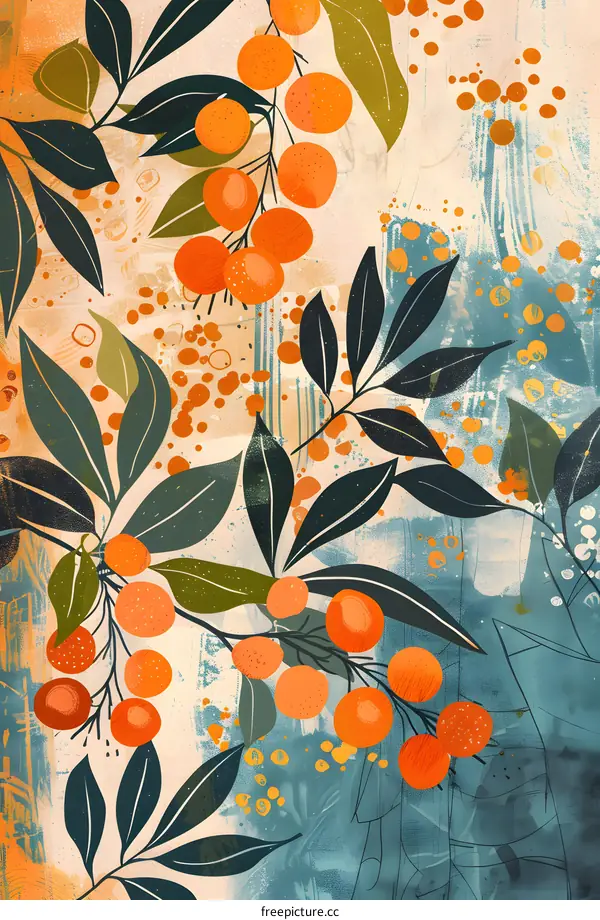 Abstract Orange Fruit with Green Leaves Pattern