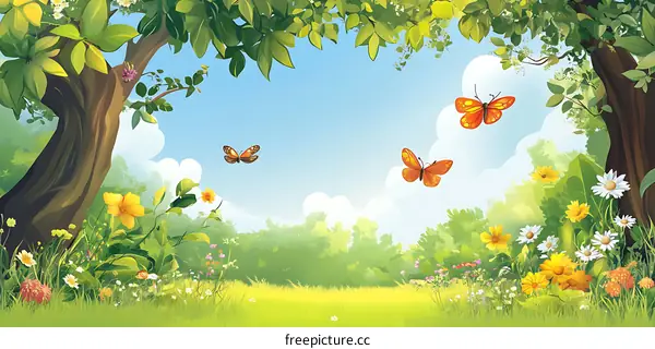 Beautiful Spring Landscape with Butterflies and Flowers