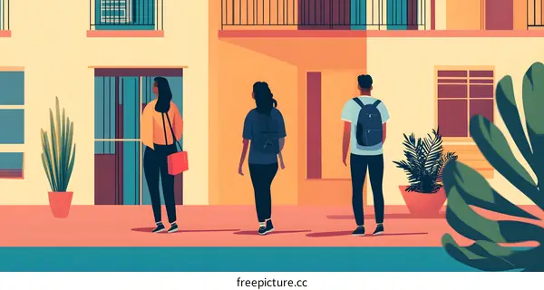 Three People Standing in Front of a Building Illustration