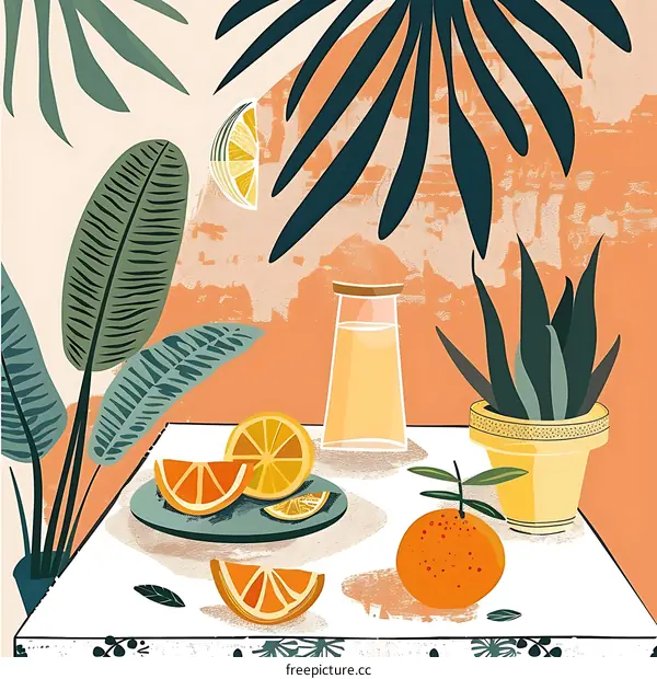 Summertime Still Life with Oranges, Juice, and Tropical Plants