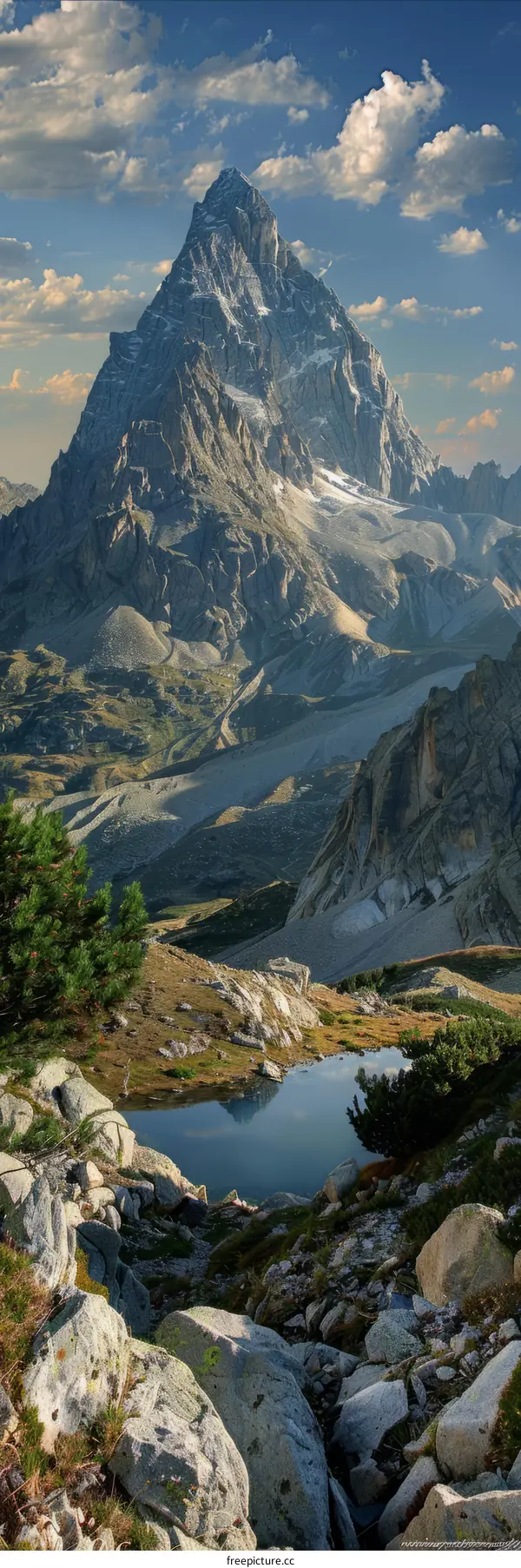 mountain peak towering above a crystal clear lake with a rocky shore
