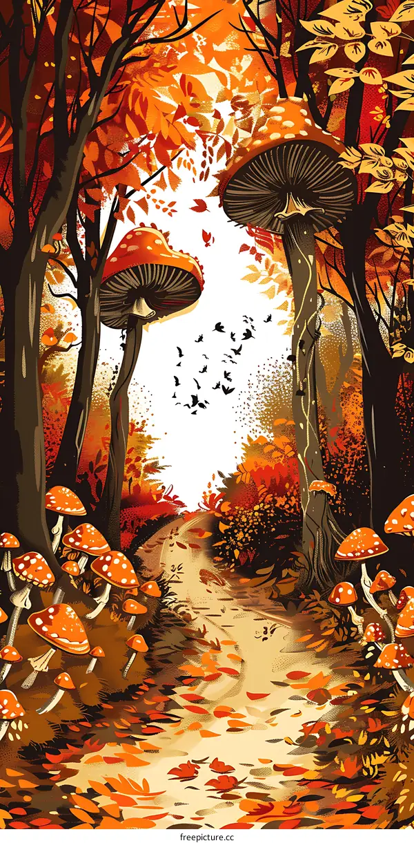 Autumn Forest Path with Mushrooms and Flying Birds