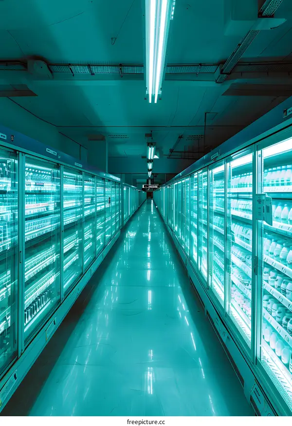 Empty Supermarkets Refrigerators Aisle With Neon Light