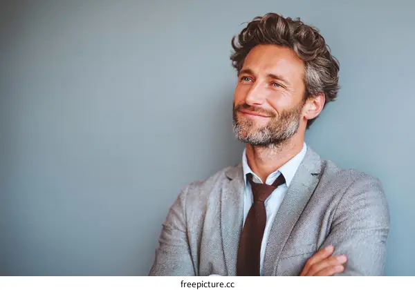 Confident man with curly hair in formal suit standing against gray wall