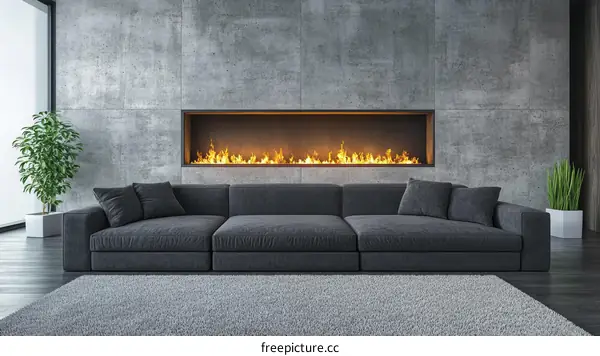 Modern Living Room with Concrete Wall and Fireplace