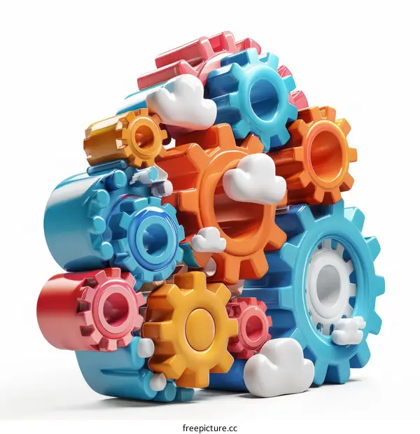 3D rendering of colorful gears and clouds