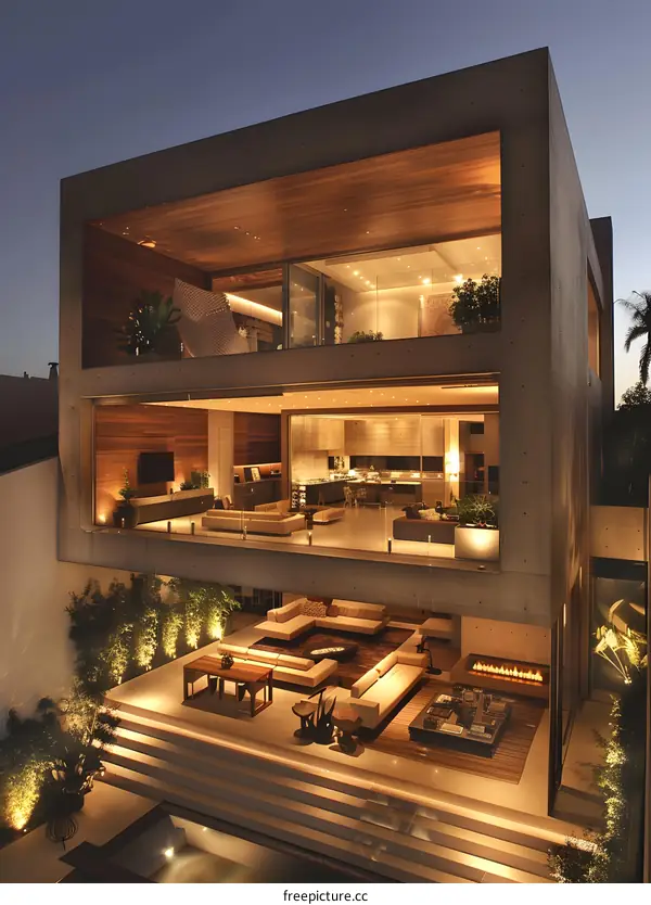 Modern Concrete House with a Large Patio and a Pool at Night