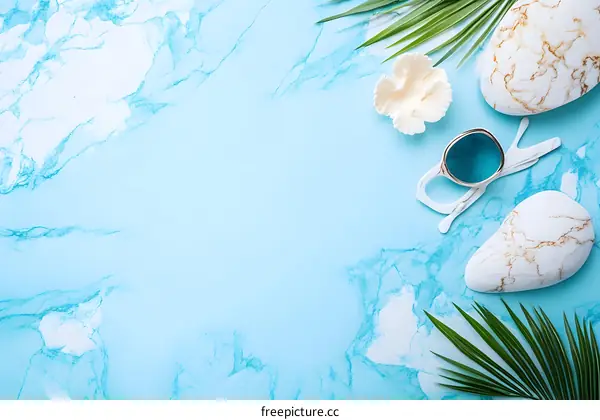 Summer Vacation Background With Sunglasses And Palm Leaves