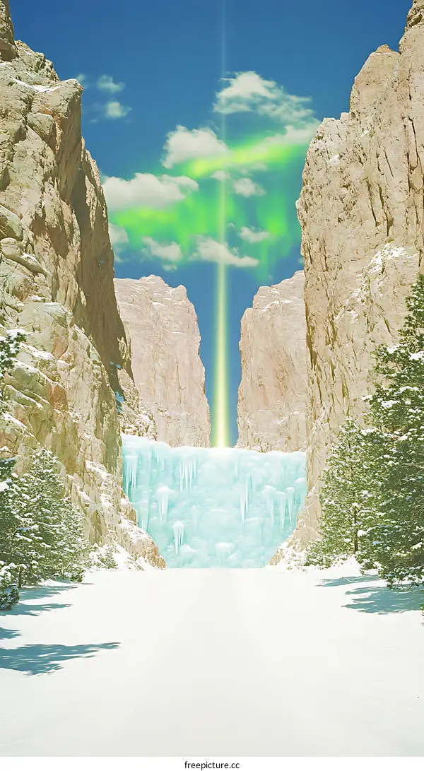 Frozen Waterfall in Mountains with Green Light