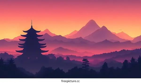 Silhouette Pagoda Landscape at Sunrise