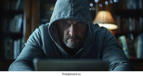 A hacker wearing a hoodie is looking at a laptop.