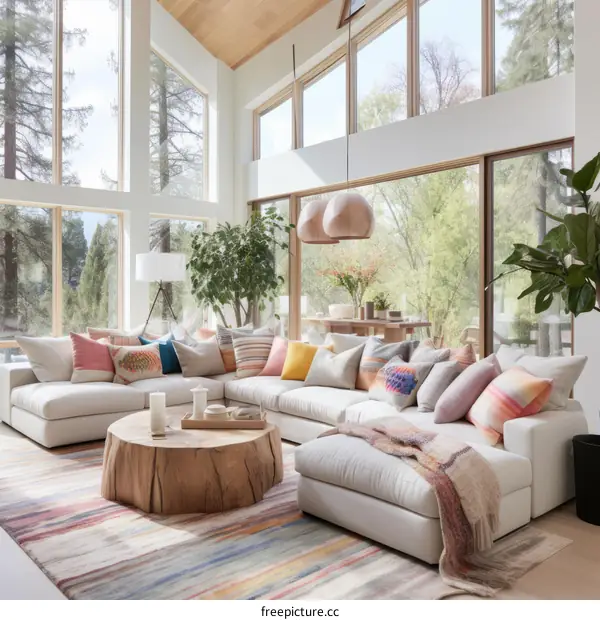 Modern Living Room with Large Windows and Comfortable Sofa