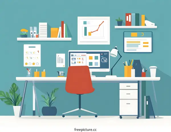 Modern Workplace Illustration Featuring a Desk with a Computer and Office Supplies