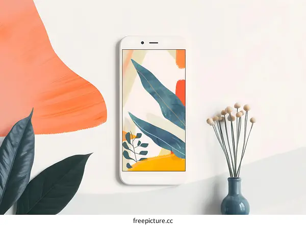 Minimalist Phone Screen with Abstract Leaf Design and Dried Flowers