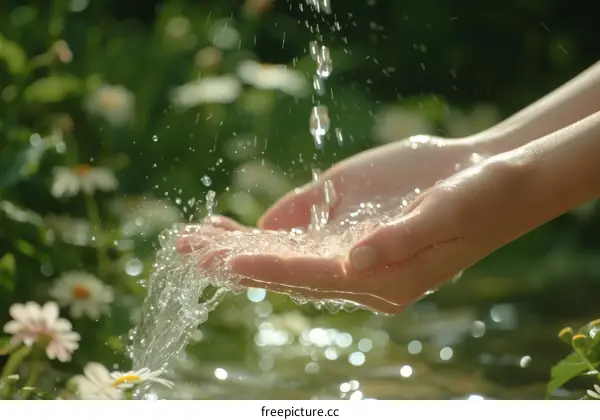 Woman's hands cupping water with green blurred background