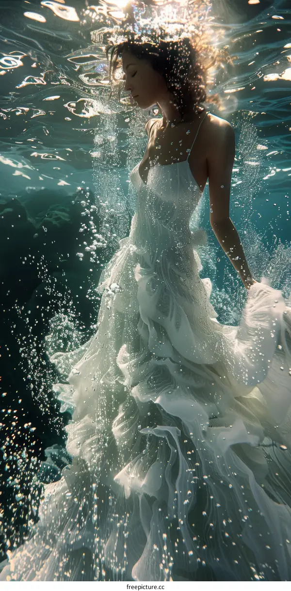 An underwater photo of a woman wearing a white dress