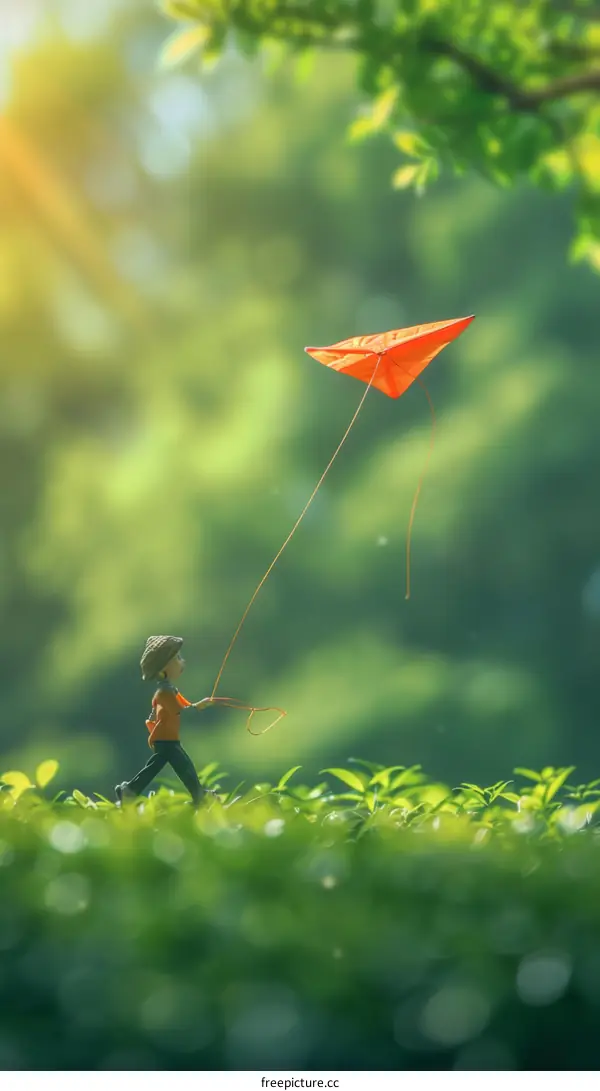 Little Boy Running with His Kite on a Spring Day in the Park