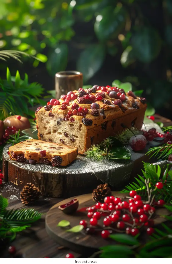 Close up of loaf cake with berries on wooden table in nature