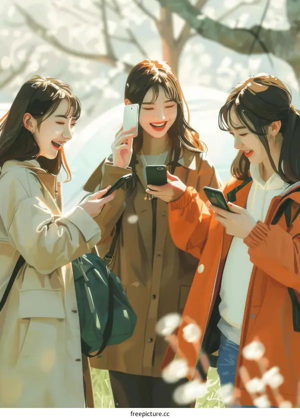 Three young Asian women looking at their phones and smiling