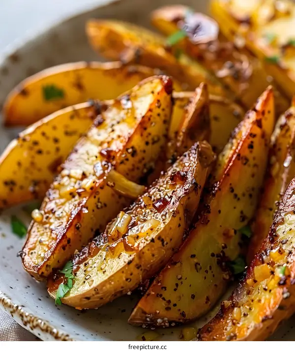 Close Up of Roasted Potato Wedges with Seasoning