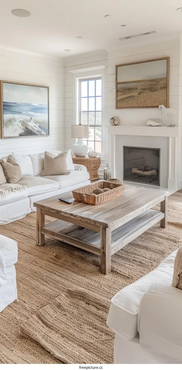 coastal living room with white sofas and a jute rug