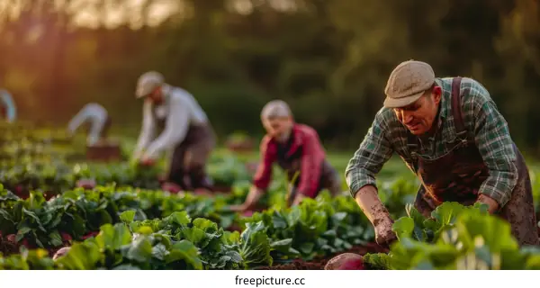 Three farmers harvesting cabbages in a field