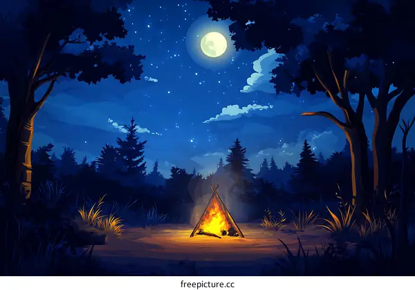 Campfire Under the Night Sky with Full Moon