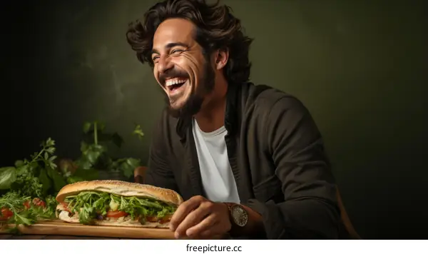 Laughing man eating a sandwich