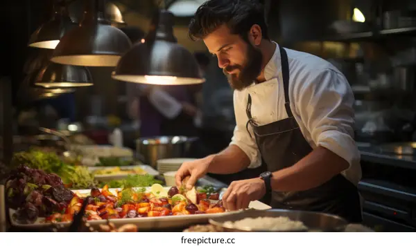 Focused male chef carefully preparing a delicious meal in a commercial kitchen