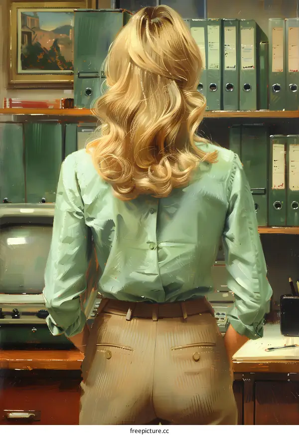 Blonde woman standing with her back turned