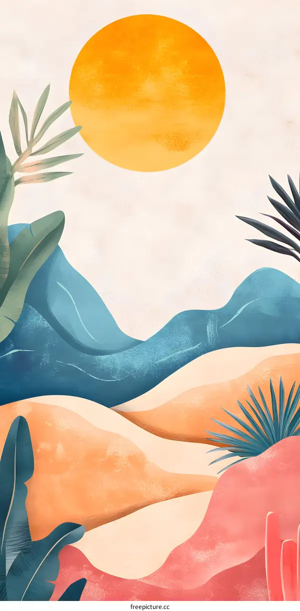 Abstract Illustration of Desert Landscape with Sun