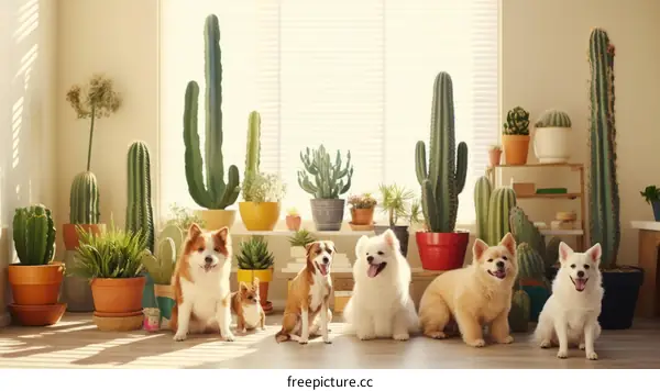 A group of dogs sitting in front of a cacti display
