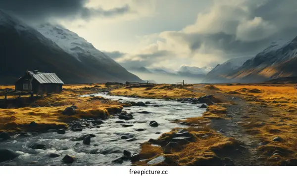 A river flowing through a valley with a small cabin on the side