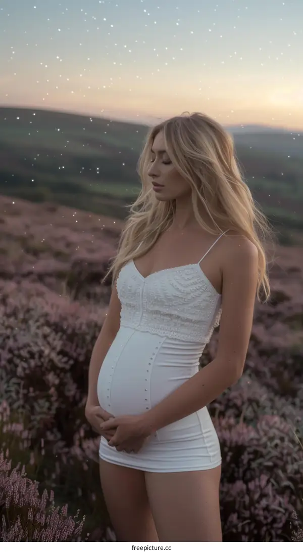 Serene Expectant Mother in Nature's Embrace at Twilight