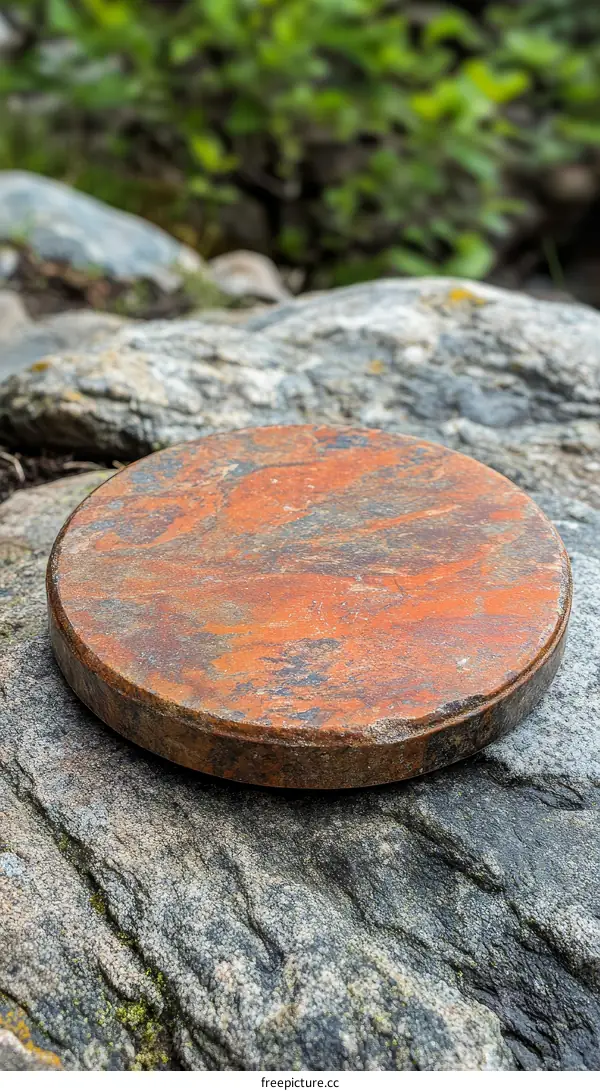 Rusty Stone Disc on Rocks Outdoors