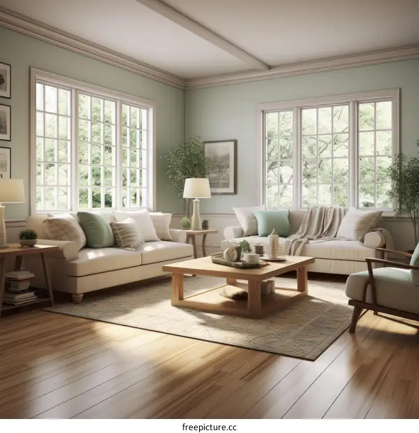 A cozy living room with a large windows