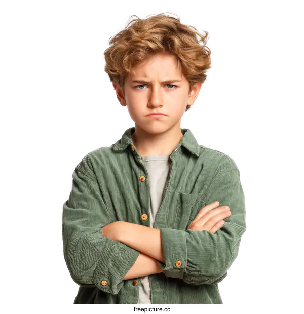 [Transparent Background PNG]Portrait of a Displeased Child in a Green Corduroy Shirt