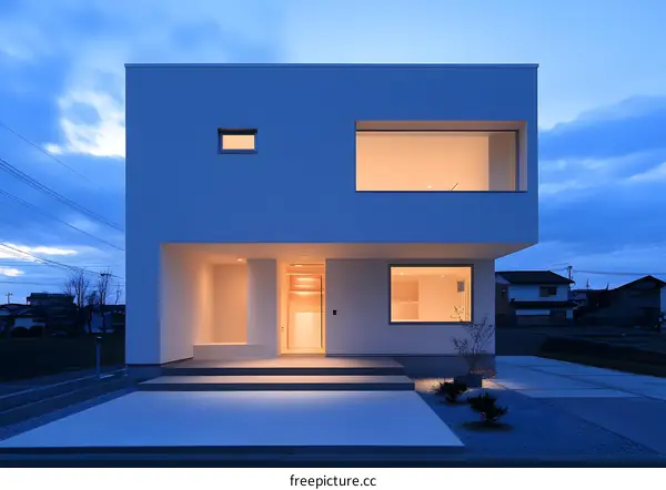 Modern Minimalist House Exterior Design with White Walls and Large Windows