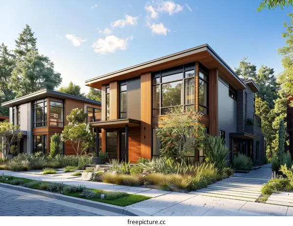 Modern residential buildings with large windows and a minimalist design