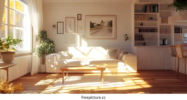 Cozy Living Room Interior Design with White Sofa and Sunlight