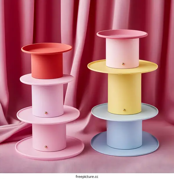 Colorful Stacked Pedestals on Pink Fabric Background