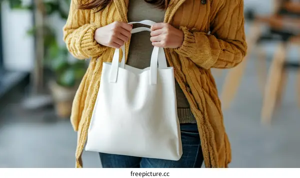 Woman Carrying White Tote Bag in Mustard Yellow Cardigan