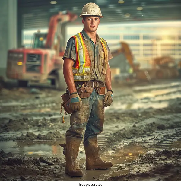 Construction worker standing in a muddy puddle on a construction site